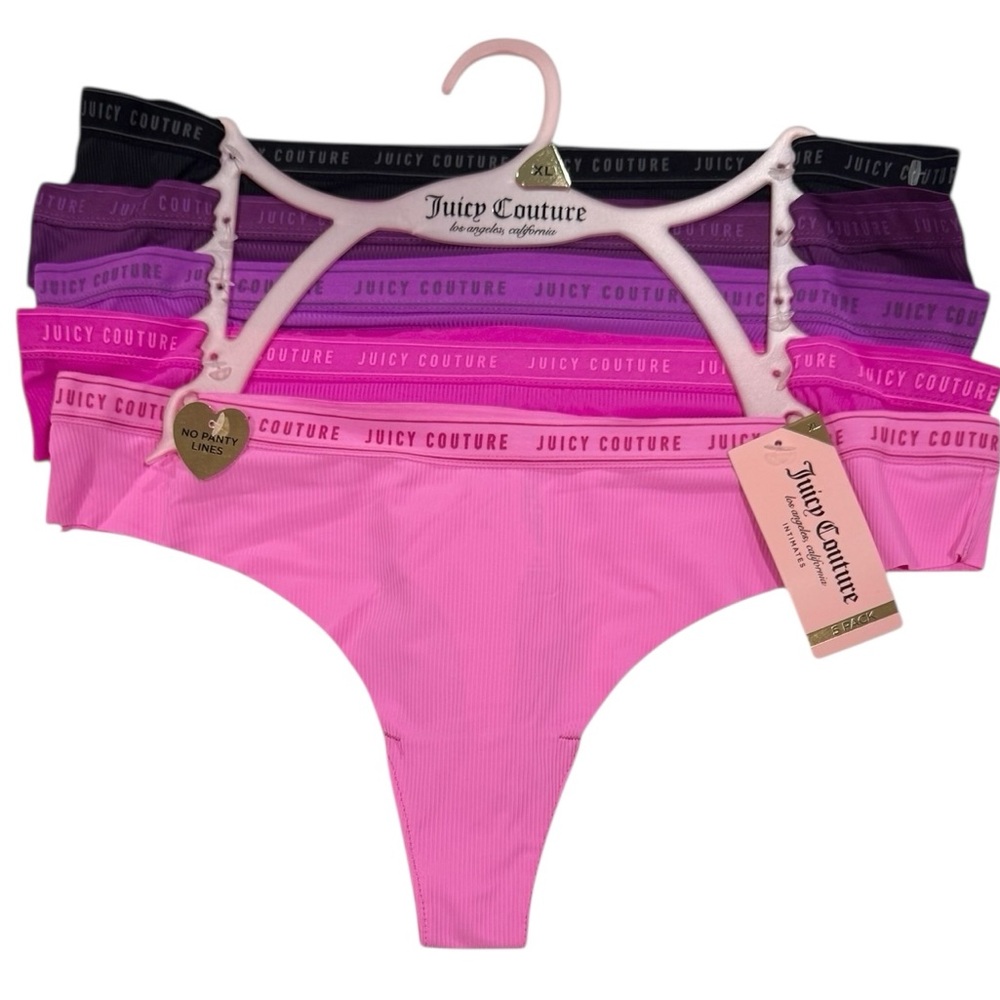 JUICY COUTURE Intimates 5 Pack Thongs Vibrant Colorful Pinks Purples NWT XL